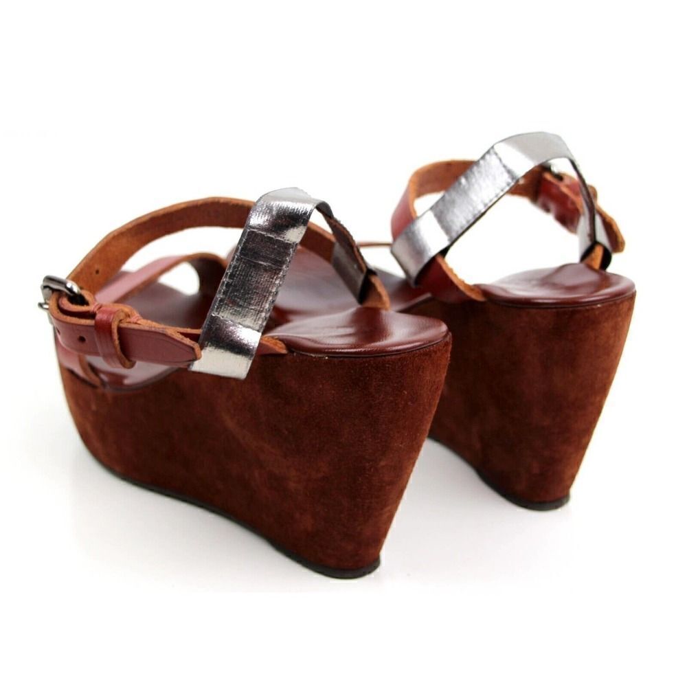 Acne Italy BROWN SUEDE SILVER LEATHER OPEN TOE HIGH HEEL WEDGE SHOES Sz 40 9.5 - Picture 4 of 10